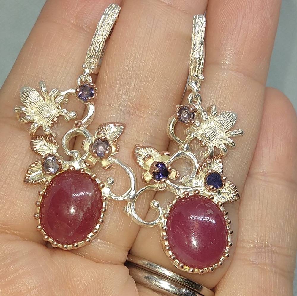 Natural ruby Iolite sterling earrings unique